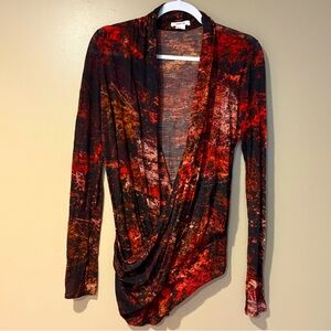 Abstract vibrant asymmetrical wool blend wrap drape blouse